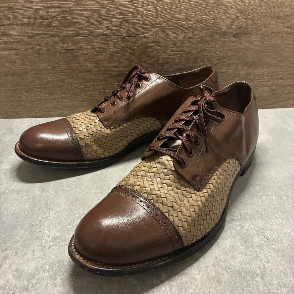 Vintage Stacy Adams Madison Cap Toe Woven Leather Brown Multi Oxford Dress Shoes